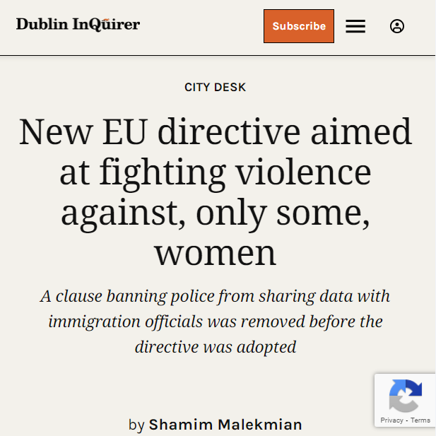 The new Directive on violence against #women is a step forward in the fight against gender-based violence. But we can't forget that it leaves out migrant women who fear deportation if they report abuse to police. Here's what we told @DublinInquirer: dublininquirer.com/2024/05/08/new…