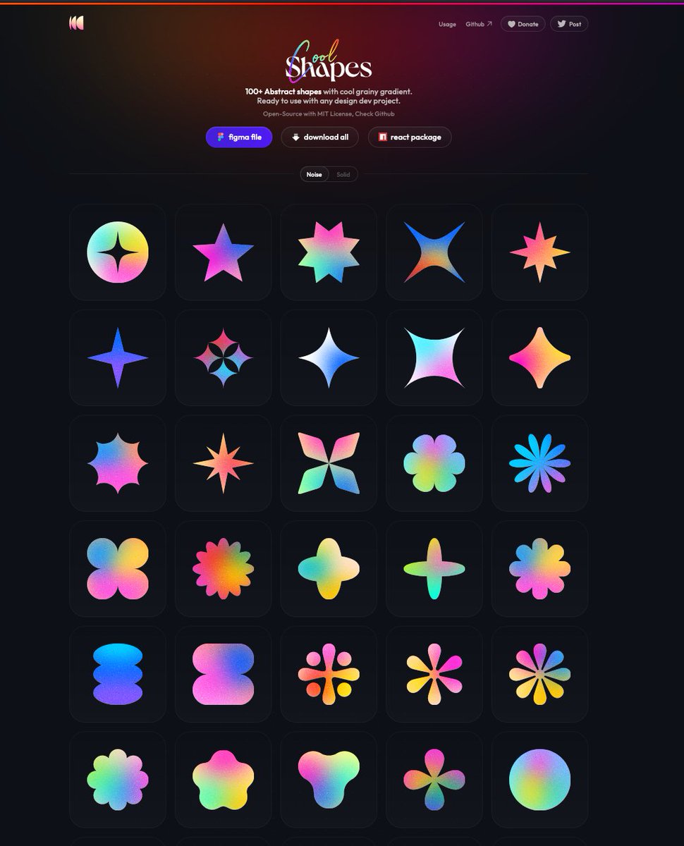 I don’t know who needs those abstract shapes with cool grainy gradient, but, they do look very, very cool indeed. You can copy paste the SVG, JSX code, download SVG and PNG, or open them in Figma. Resource: coolshap.es