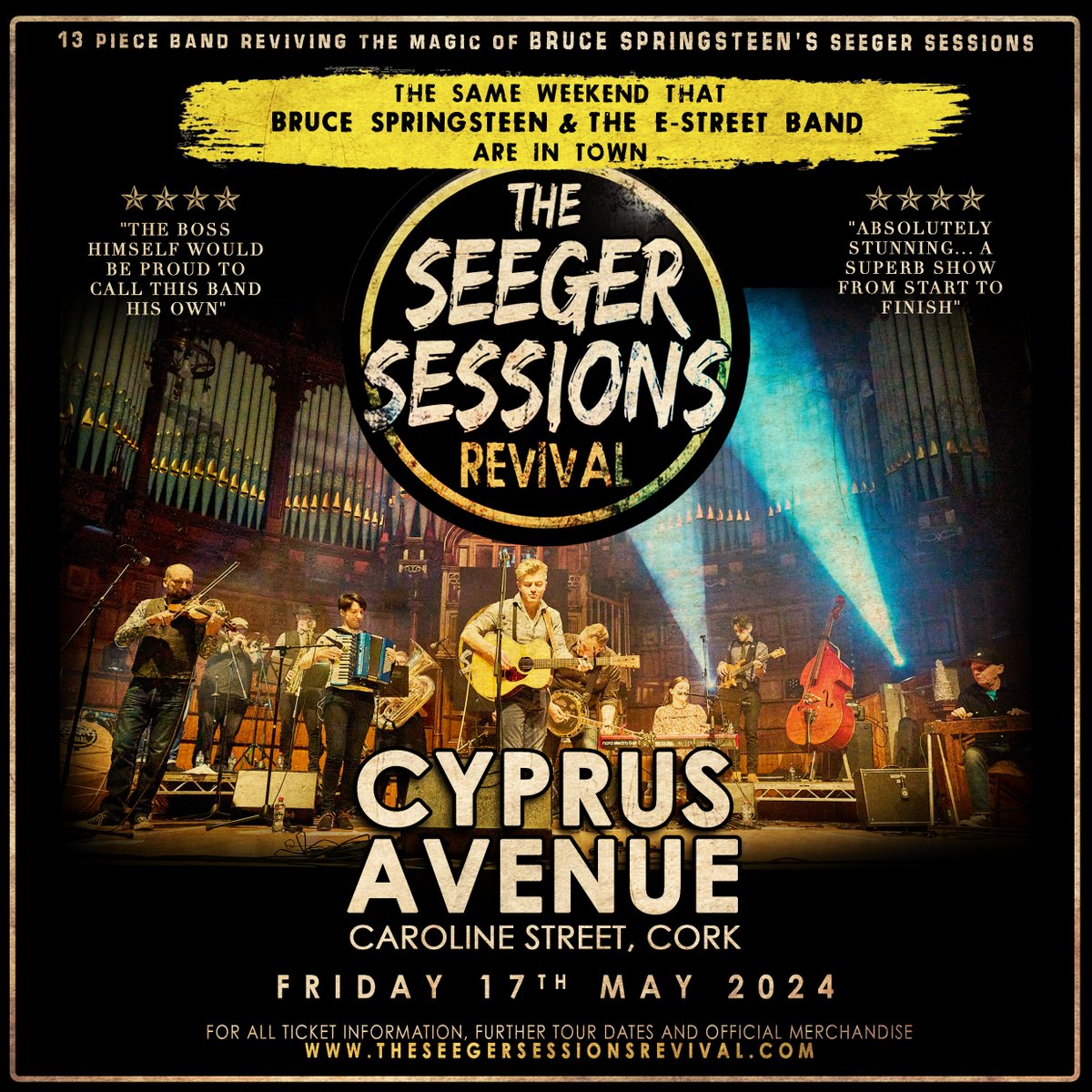 The 13-piece band is 'reviving' the spirit, energy, and musical exuberance of Bruce Springsteen’s Seeger Sessions album in a two hour jam packed music experience. You can get your tickets right now at Cyprusavenue.ie. #theseegersessionsrevival #Cork