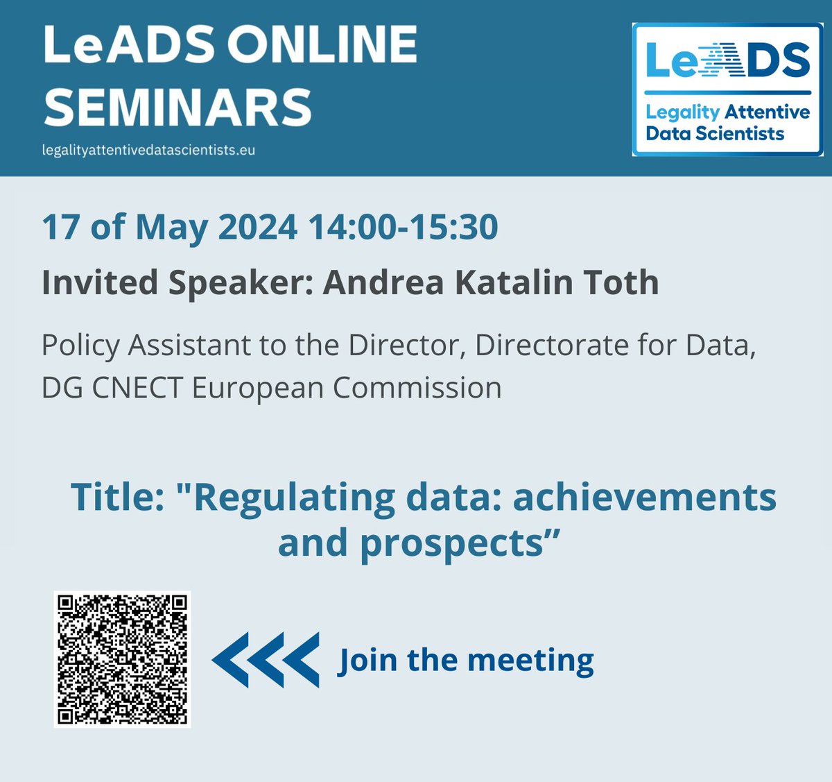 📌TODAY!! LeADS invites you to attend the online seminar featuring Andrea Katalin Toth on the topic of 'Regulating Data: Achievements and Prospects' to be held from 2:00 pm to 3:30 pm. 👇