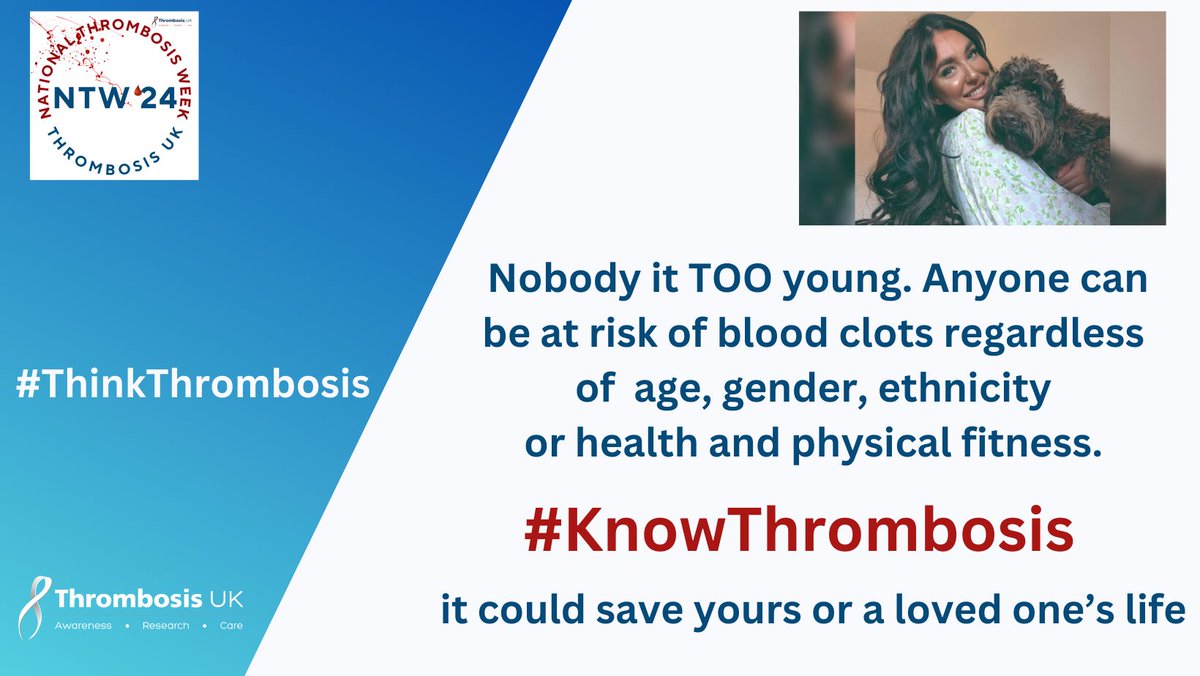 This National Thrombosis Week, we need to remind everyone that regardless of age, gender or ethnicity, anyone can be at risk of blood clots.
#KnowThrombosis #ThinkThrombosis, find out common risk factors, signs and symptoms: thrombosisuk.org/vte-prevention…