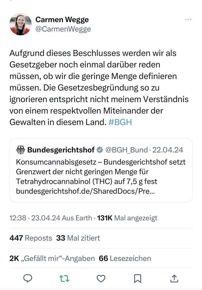 Liebe @CarmenWegge,
wäre das laufende Änderungsverfahren zum KCanG nicht eine günstige Gelegenheit, hier noch mal nachzubessern? Der 1. Senat hat wohl kaum ohne Rücksicht auf die allgemeine Stimmung am BGH entschieden.
Vorschläge z.B. bei @sebasobo NJW 2024, 1217.
#Weedmob