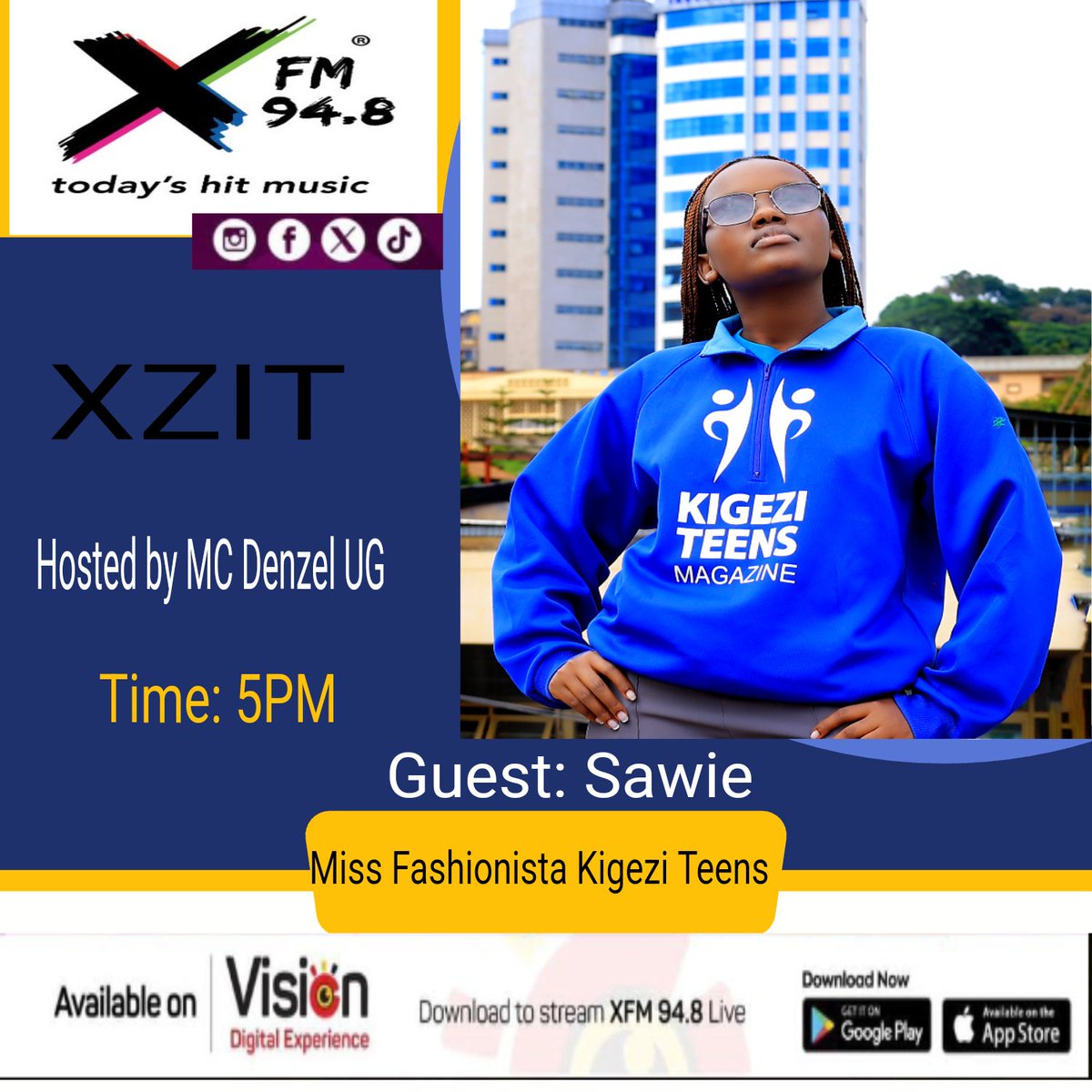Today 5pm , our Fashion model  Sawie will be hosted on 94.8X FM -Kampala.
Tune in to know all the details about Kigezi Teens Magazine and how you can participate in our forthcoming editions.
Program: XZIT
Hosted by MC Denzel UG.
Tune in!📻

We are Kigezi Teens Magazine 🇺🇬