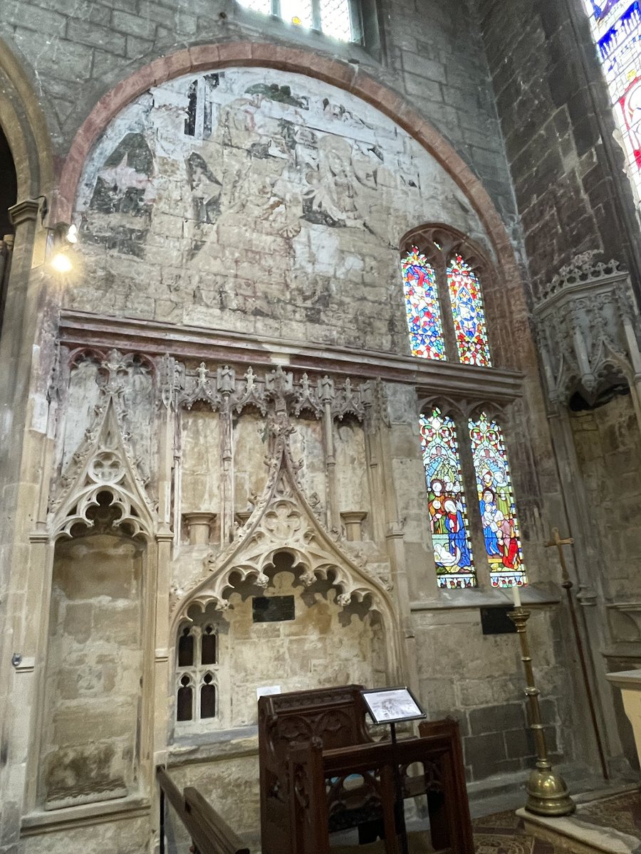 St Mary de Crypt, Gloucester. Recent research suggests that medieval wall paintings lie beneath a damaged Tudor wall painting called The Adoration of the Magi. A major restoration project is planned @discoverdecrypt #wallpaintingswednesday #medieval #tudor