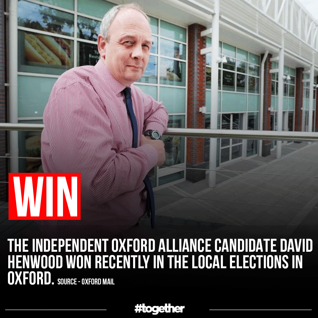 WIN: Anti-'LTN' party candidate in Oxford David Henwood won seat in local elections

'Speaking at the vote count, the now elected @Ind_Ox_Alliance councillor said: 'I'm feeling incredibly
excited''

Keep making voices heard #together

#LTNs