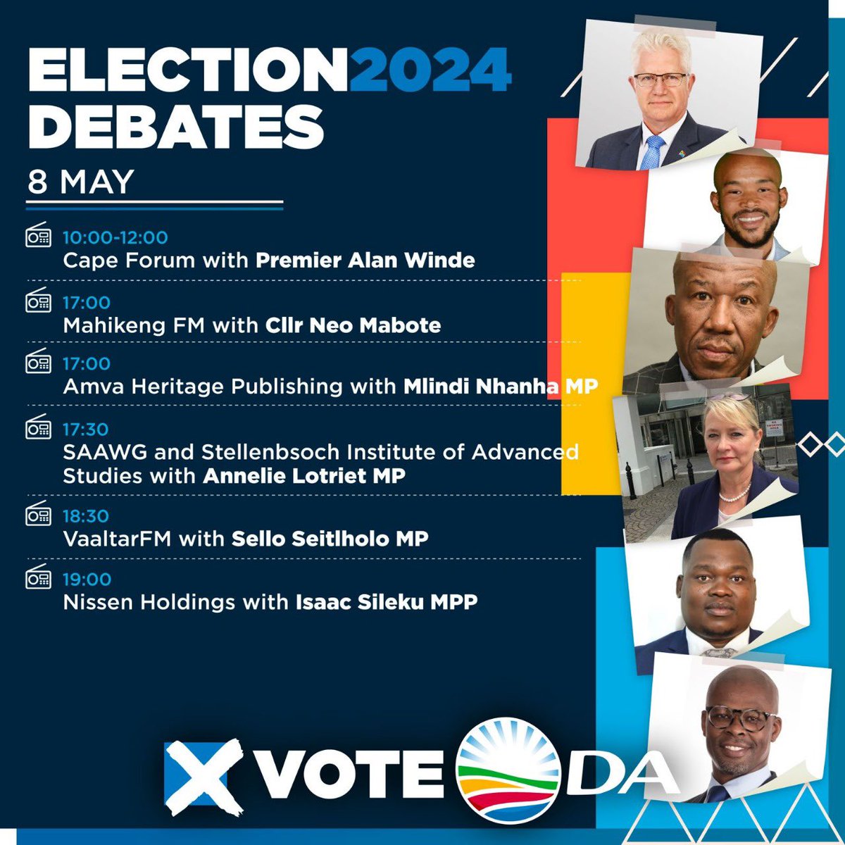 📻Tune in to these radio stations to catch our DA leaders live in the Election 2024 Debates. You do not want to miss out on these groundbreaking conversations on the journey to #RescueSA.