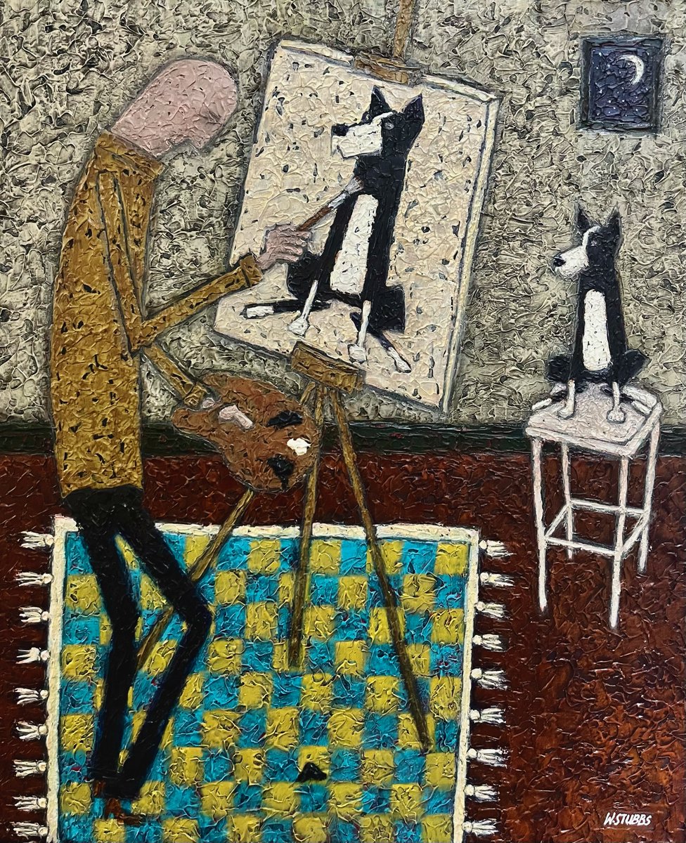 New painting: 'The Painter' 50cm x 42cm (19.7' x 16.5') Acrylic on board. All available paintings can be seen on my website: wormwoodstubbs.com #NaiveArt @GrimArtGroup