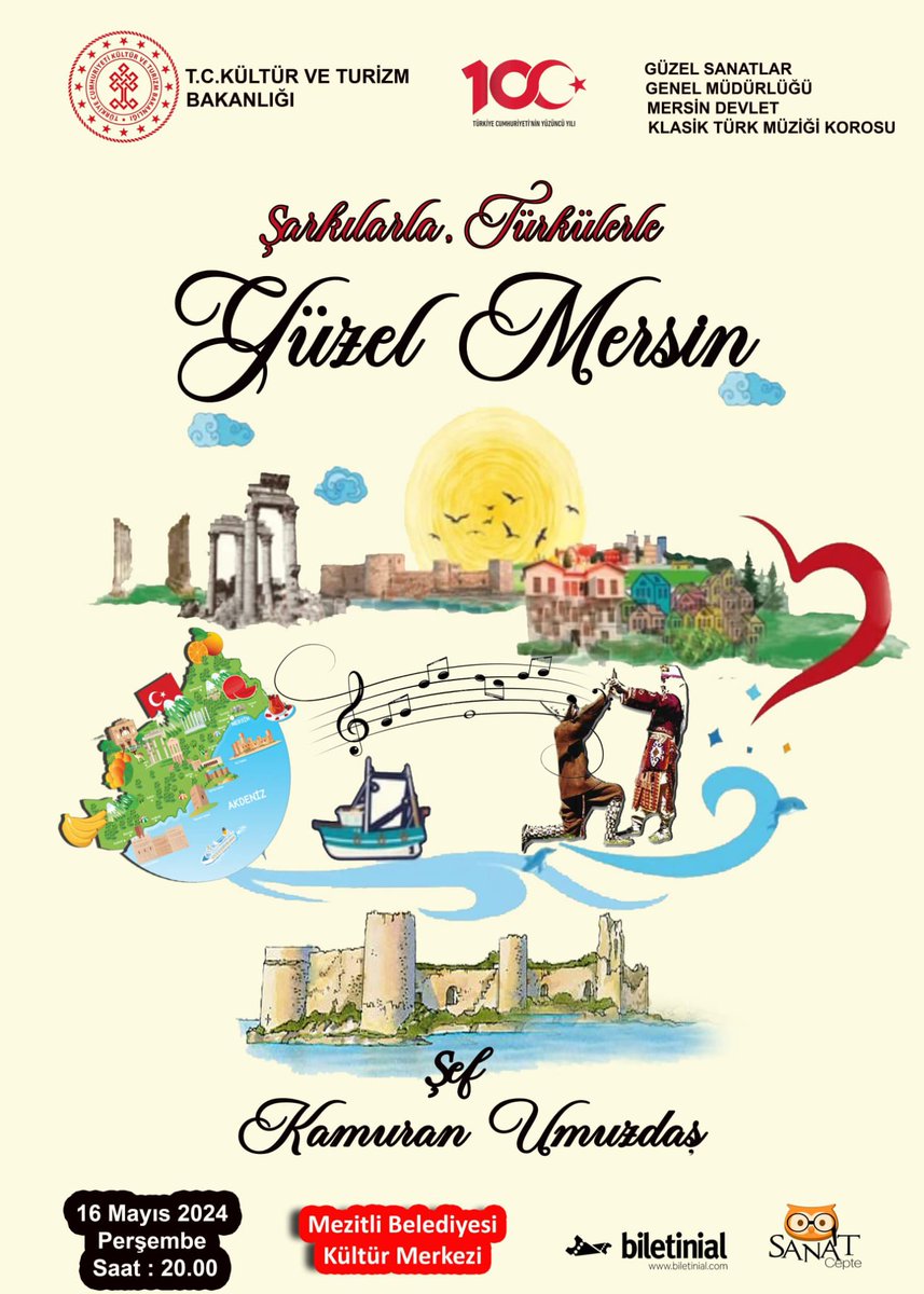 16 Mayıs Perşembe akşamı
Şarkılarımızla,Türkülerimizle Güzel Mersinimizden keyifli bir müzik yolculuğuna çıkacağız.
Bu toprakların tarihten günümüze yansıyan seslerine kulak vereceğiz hep birlikte…
Tüm sanatseverleri bekleriz.
Bilet için : biletinial.com/tr-tr/mekan/me…