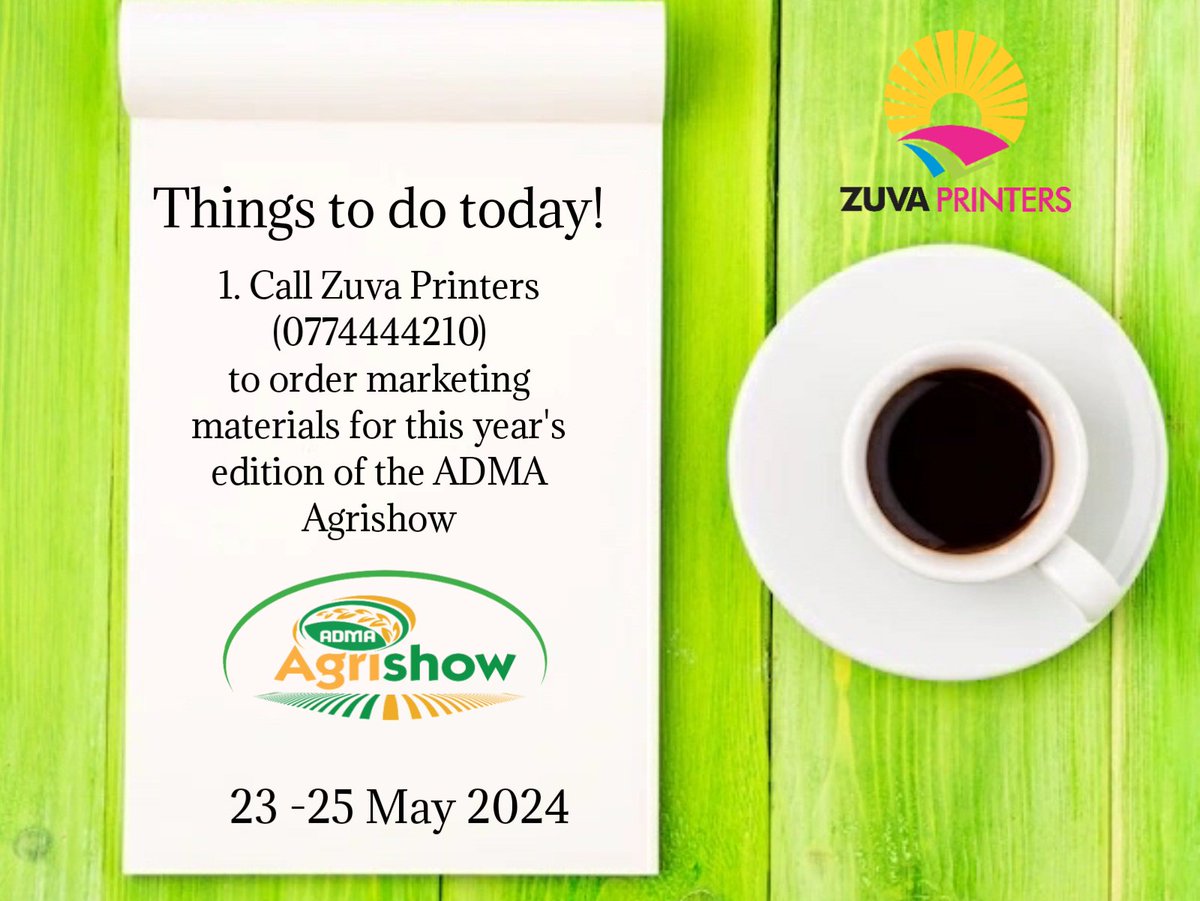 ZuvaPrinters's tweet photo. The ADMA Agrishow roars to life from 23-25 May 2024. 

Get in touch with us for all your marketing and promotional materials. T-shirts, Caps, Business Cards, Flyers, Banners and various corporate gifts. 

We are more than ready to take care of your printing and branding needs. https://t.co/Q9EXTmtJKP