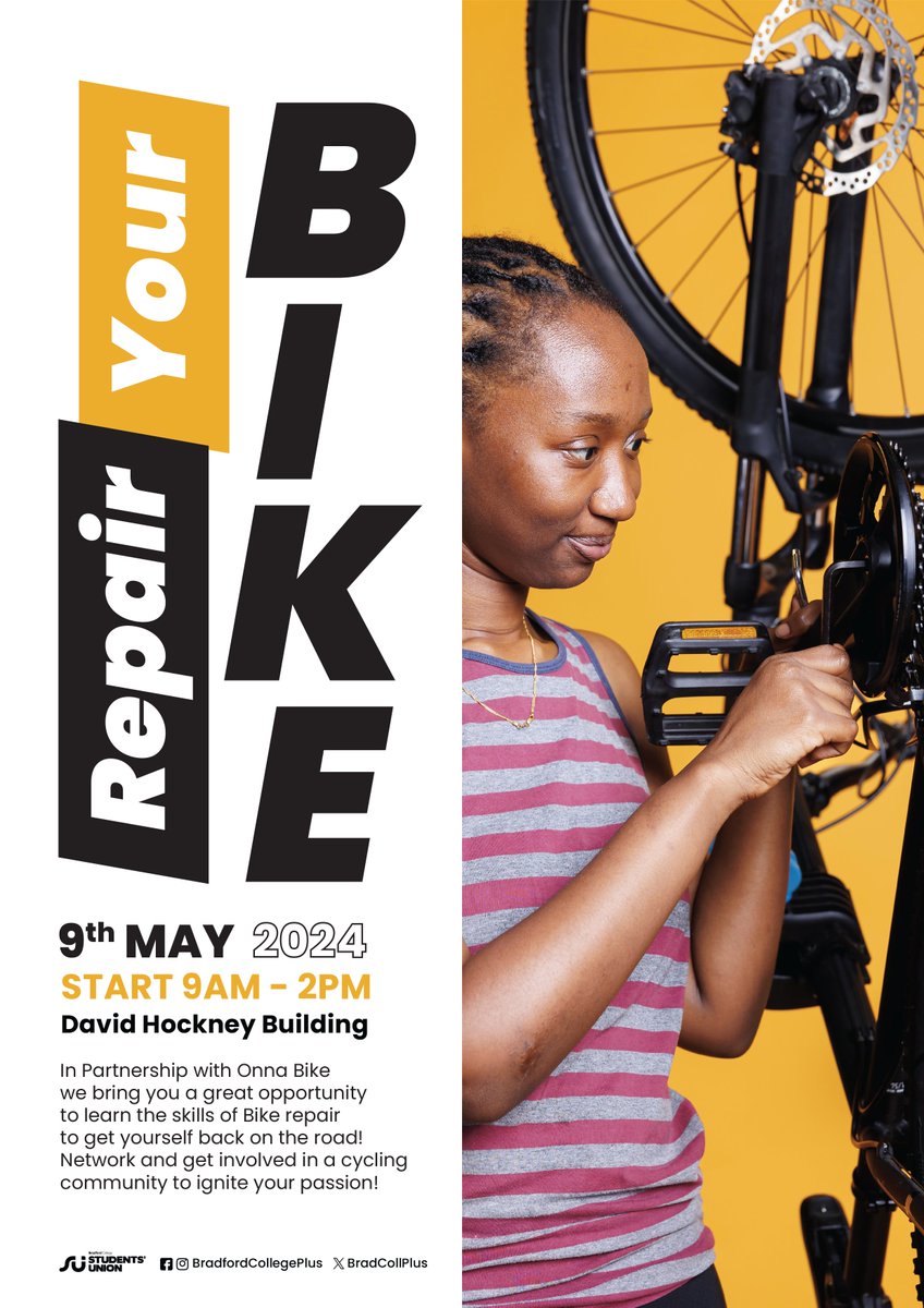 Repair Your Bike - Learn the skills of bike repair to get yourself back on the road! Network and get involved in a cycling community to ignite your passion. Free for all, @BradfordCollege students and staff welcome! 🗓️ Thursday, 9 May, 9:00-14:00 📍 David Hockney Building