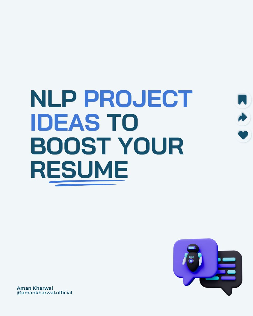 #NLP project ideas to boost your resume:

1. Next Word Prediction Model (An Example: bit.ly/next-word-pred…)

2. End-to-End Chatbot (An Example: bit.ly/end-to-end-cha…)

3. Text Generation Model (An Example: bit.ly/425L6Nq)

#DataScience #MachineLearning #AI