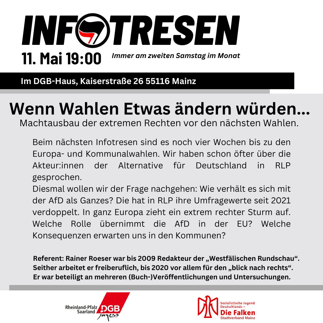 Hey #Mainz. Am Samstag, den 11.05., erwartet euch ein spannender Vortrag. Beginn 19:00 im DGB-Haus in der Kaiserstraße.
Es geht thematisch um die #noAfD. Lasst uns gemeinsam diskutieren!