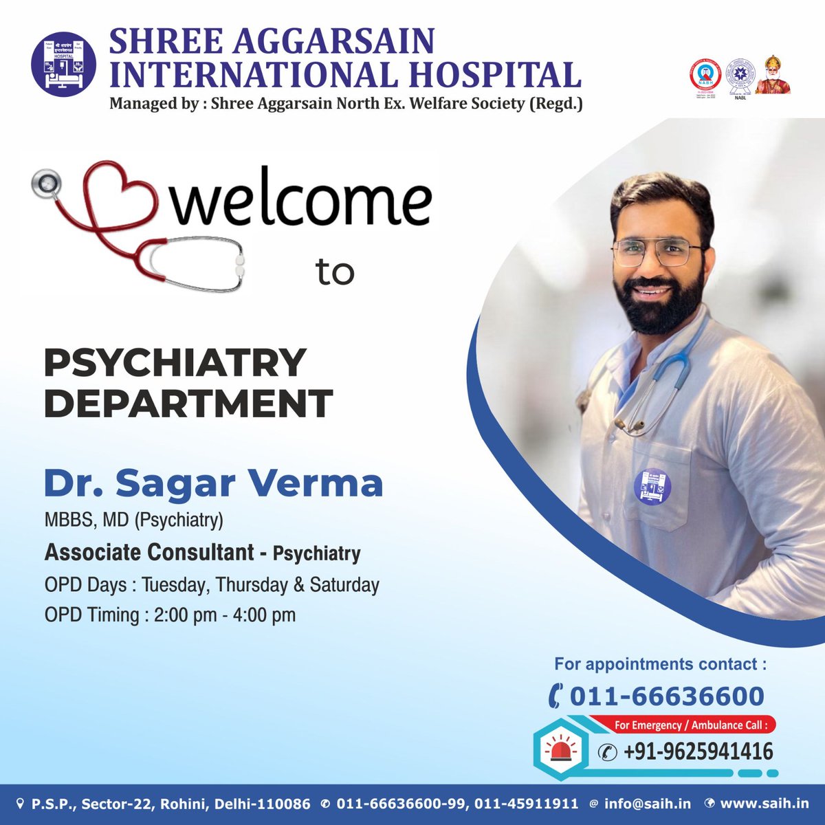Dr. Sagar Verma has joined as Associate Consultant in the department of Psychiatry. We are extremely pleased to have you on board. 
#PsychiatryCare #psychiatricdisorders #Deaddiction #psychosisawareness #DepressionAndAnxietyAwareness #sleepdisordertreatment