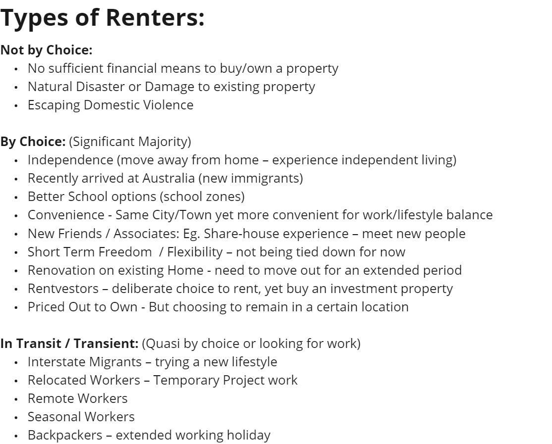 Can you help?
Trying to gather a more definitive list of types of rental cohorts that exist in Australia. So far they have been allocated into three groups.
Have any types or cohorts or groups been missed, in your opinion?
Also happy to have your option as to what percentage you…