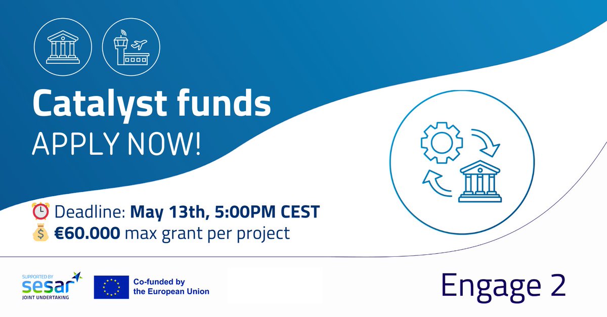 ⬇ APPLY TODAY! This is your chance to secure up to €60,000 in funding to support innovative projects that address critical challenges in #ATM 🔗More info: engagektn.eu/calls/catalyst… #CatalystFunding #HorizonEurope #SESAR3JU #DigitalSky @SESAR_JU