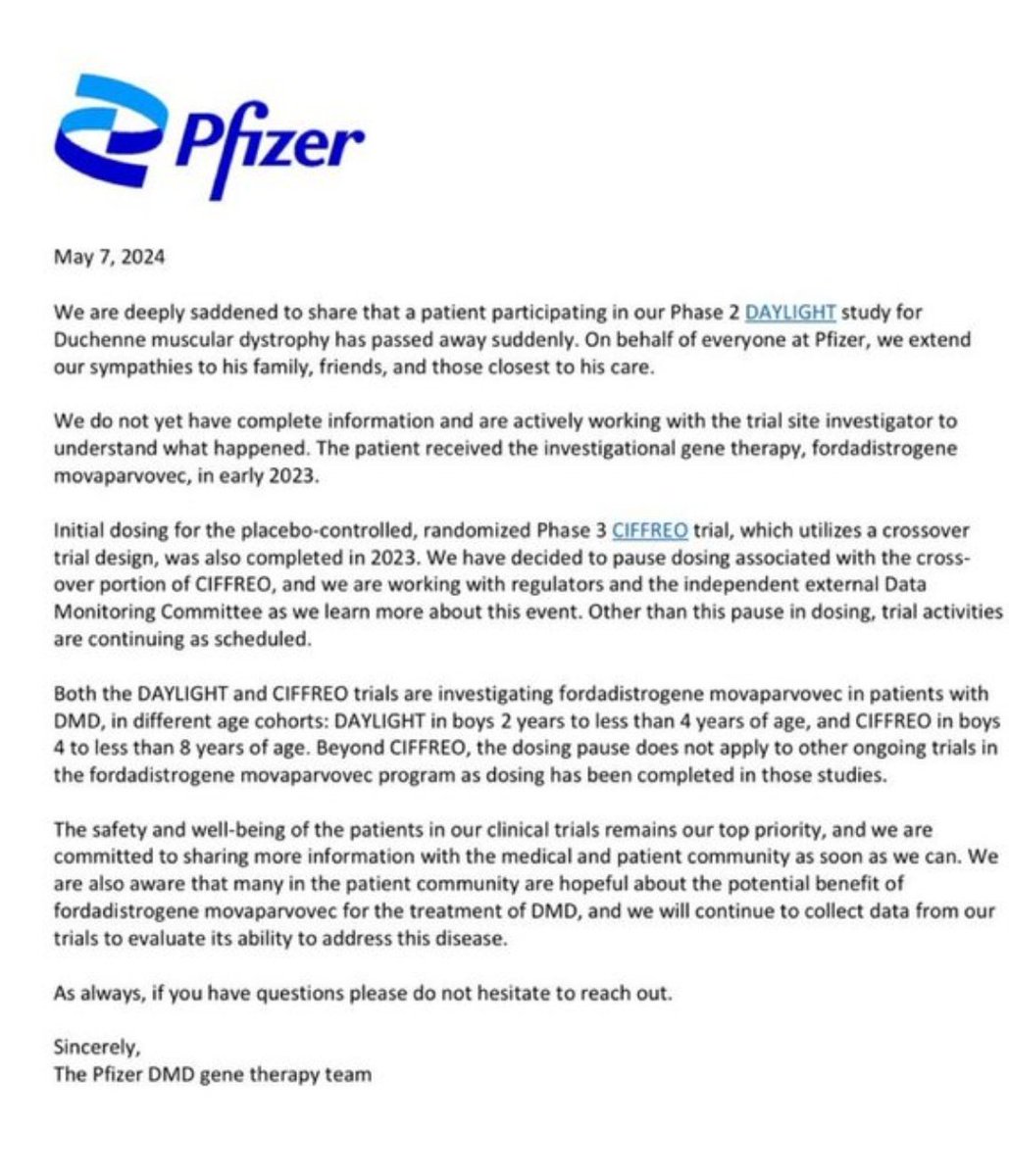 Covid-19 aşılarının üretici firması Pfizer, bir hastalık nedeniyle gen terapisi uygulanan ve hayatını kaybeden çocuk için taziyede bulunmuş.
 Covid-19 aşıları da gen terapisiydi.
Türkiye'de yasal değildi.
Daha nasıl delil gerekiyor.
mRNA teknolojisi hakkında daha çok konuşulmalı.…