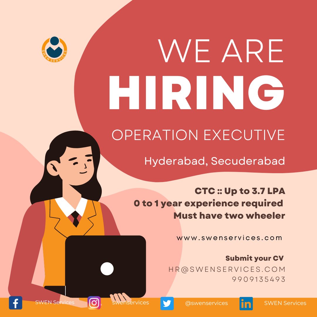 #hiring #operationexecutive
#datacollection
Hey freshers, looking for job change?
Here we have job opening for Branch Operation Executive Position.
- Location :: Hyderabad, Secunderabad
- CTC :: Up to 3.7 LPA
- Must have two wheeler

#swenservices #boe #hyderabadjobs