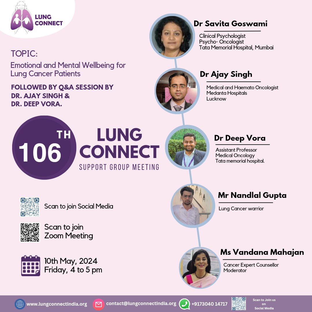 Lung Connect invites you to join our 106th Support Group Meeting - PAN India. 

#supportgroup #meeting #patientcare #lungconnect #CloseTheCareGap #cancertreatment #caresupport #cancerawareness #cancersurvivor #cancersupportcommunity 

@oceanblue11oct @drakhilkapoor1…