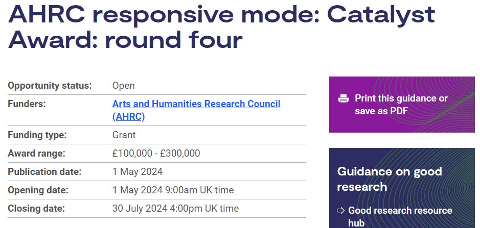 AHRC responsive mode: Catalyst Awards support researchers without prior experience of leading a significant research project to accelerate their trajectory as independent researchers. ukri.org/opportunity/ah…