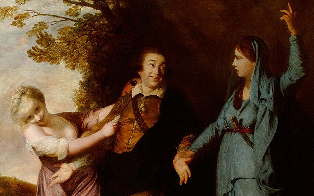 David Garrick celebrating in heaven with the Muses of Comedy and Tragedy, Thalia and Melpomene, who can now at last be nominated to be members of the club that bears his name but whose homosocial ethos he never endorsed. Joshua Reynolds, 1761.
