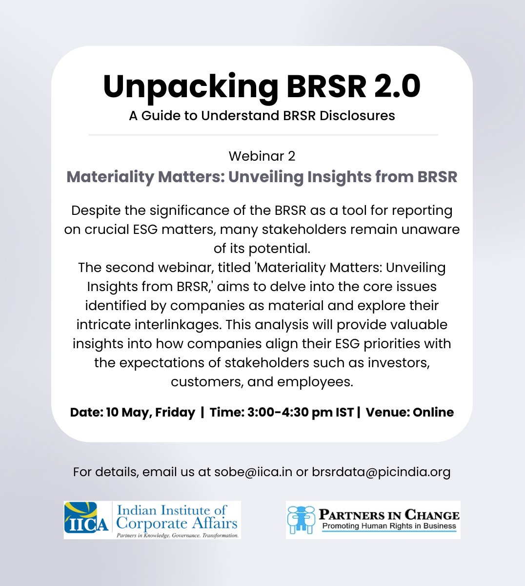 The 2nd webinar in d series will analyse d material issues identified by companies to showcase their ESG priorities for diff stakeholders, &amp; their interlinkages.
Register: lnkd.in/dJBiGZgf (Do not register if u have already done so for the previous webinar)

<a href="/IICAOfficial/">Indian Institute of Corporate Affairs</a>