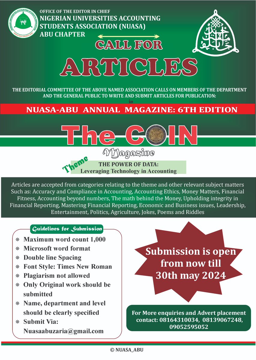 NUASA_ABU's tweet photo. CALL FOR ARTICLE
We invite you to submit articles for publication in our upcoming NUASA Magazine! THE COIN
The Theme: Power of Data: Leveraging Technology in Accounting, offers a unique opportunity to share your insight and viewpoint on the intersect of technology and accounting. https://t.co/Bqw3G8hDs7