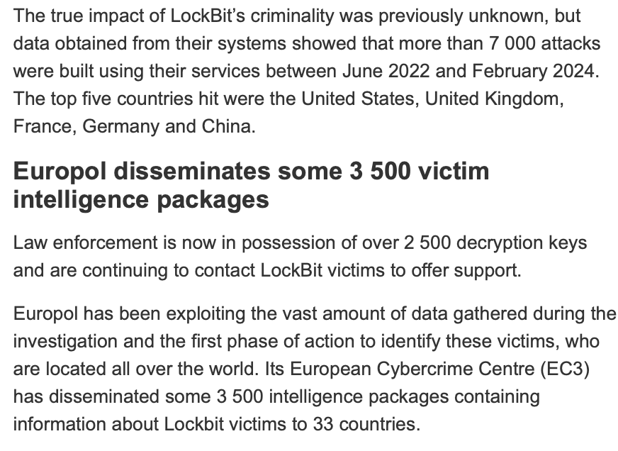 The latest LockBit disruption is really impressive. Lots of the attention is on how they unmasked the group's leader but take a look at this from @Europol 's notice. Shows what can be done in an otherwise powerless situation against ransomware groups.