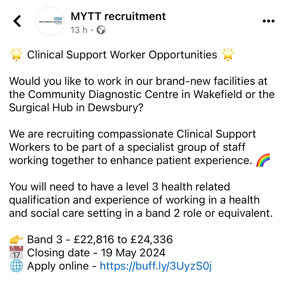 @DosMyht @RebeccaSaville4 @richmct Surgical Hub Clinical Support Worker role, advert now live on NHS Jobs, if you think you meet the essential criteria, apply below ⬇️ jobs.nhs.uk/candidate/joba…