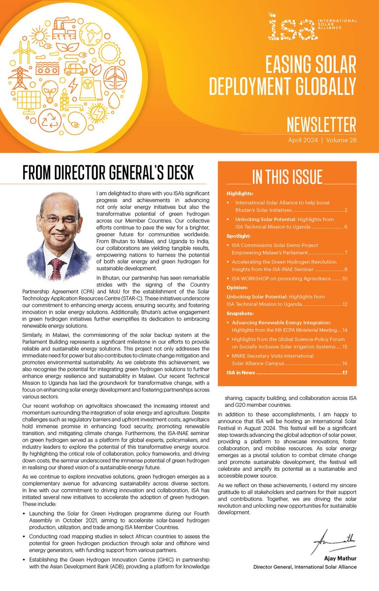 Exciting updates in ISA’s April Newsletter! From Bhutan to Malawi, and Uganda to India, our collaborations are driving progress in solar energy and green hydrogen initiatives. Read about our achievements and upcoming events in our latest newsletter: isolaralliance.org/uploads/docs/f… 🌍🌞