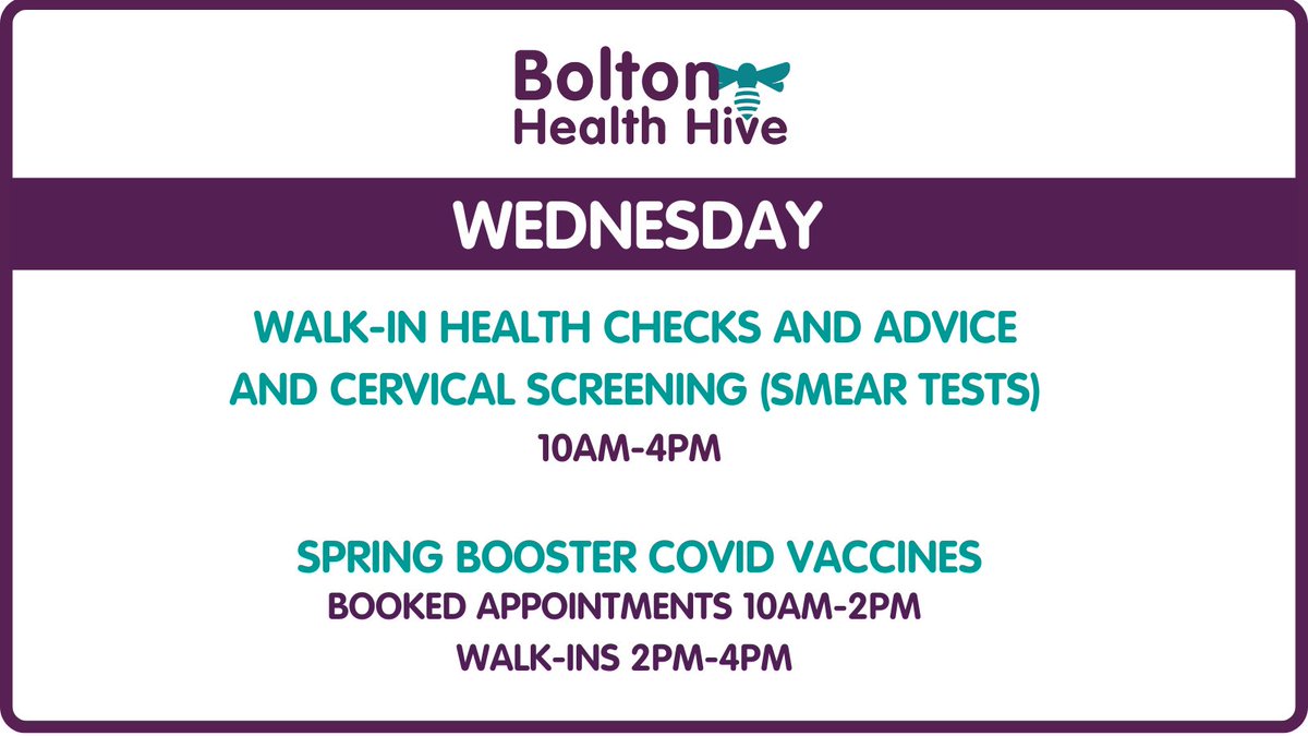 The Health Hive at Market Place Shopping Centre is open today from 10am-4pm for: -walk-in health checks & advice -walk-in cervical screening (smear tests) -booked Spring Booster COVID vaccines 10am-2pm -walk-in Spring Booster COVID vaccines 2pm-4pm