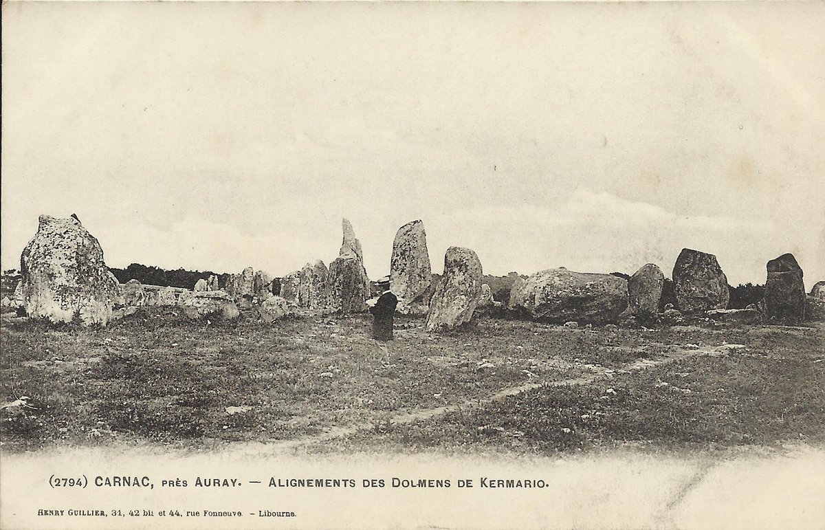 This is a pre-1904 general view of the alignments of Kermario in Carnac (Morbihan) with a visitor seemingly consulting his guide book. It is one of only a few cards of Breton Megaliths issued by Libourne based publisher Henry Guillier.