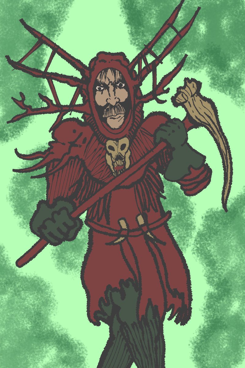 Druid covered in demon sinew, blooded driftwood and gloved with naga hatchling scale. The bones of the maul and ornaments still rattle with residual savage disdain, tremoring fervently at every holistic deed done and each vanquished enemy of the hallow.