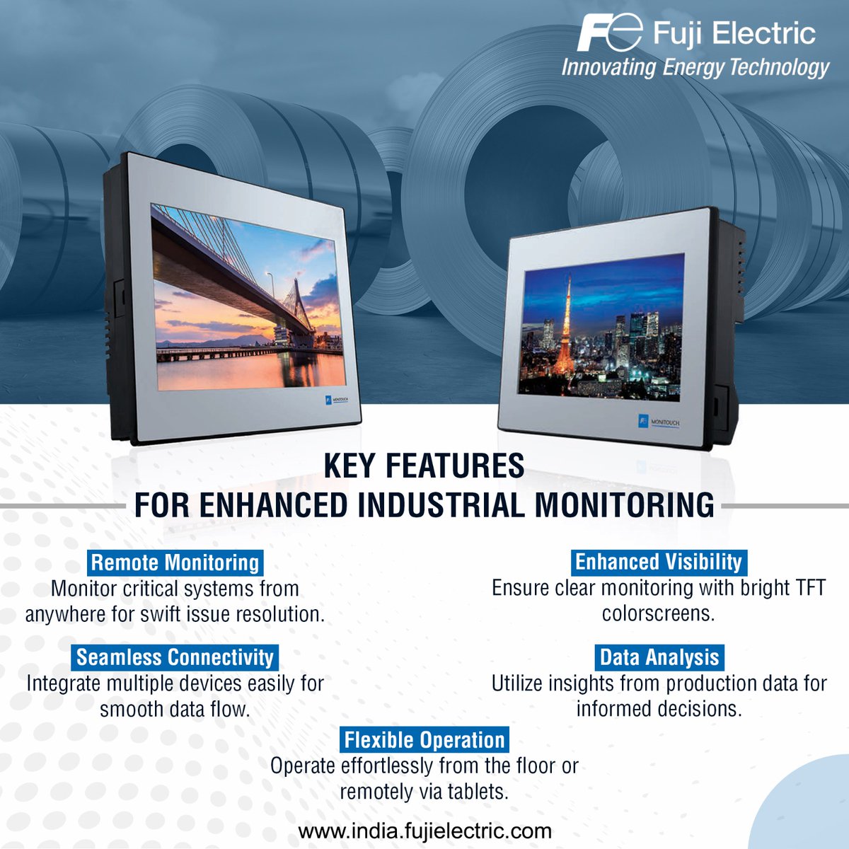 Empowering operators with intuitive HMIs, the MONITOUCH TECHNOSHOT series boosts efficiency in steel plants with reliable power backup and seamless monitoring.  india.fujielectric.com  
#Fujielectric #Fujielectricindia #Steelindustry #realtimemonitoring
