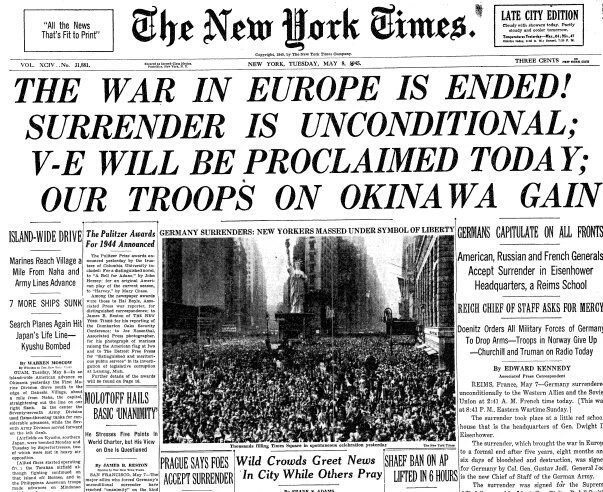 #8maggio 1945: l’ammiraglio  Dönitz firma la resa delle forze armate del Reich.
La resa fu preceduta dalla battaglia di Berlino, al termine della quale l’Armata Rossa conquistò la capitale del Reich.
La Guerra in Europa è finita!
Le Dittature Nazista e Fascista sono sconfitte!