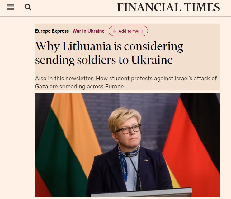 Lithuania is ready to send soldiers to Ukraine as part of a training mission - FT citing Lithuanian PM Shimonite 'Shimonite told the Financial Times that she had authorization from parliament to send troops to Ukraine for training purposes,' the publication said.