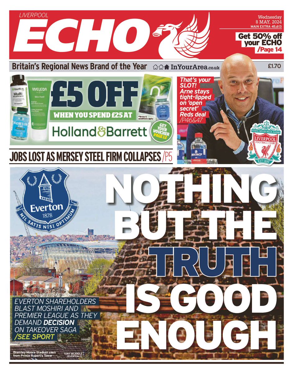𝐍𝐨𝐭𝐡𝐢𝐧𝐠 𝐁𝐮𝐭 𝐓𝐡𝐞 𝐓𝐫𝐮𝐭𝐡 𝐈𝐬 𝐆𝐨𝐨𝐝 𝐄𝐧𝐨𝐮𝐠𝐡 Today's @LivEchonews front page as the Everton FC Shareholders Association call on Farhad Moshiri to recognise that '777 Partners are not at this time fit-and-proper prospective owners' of the club