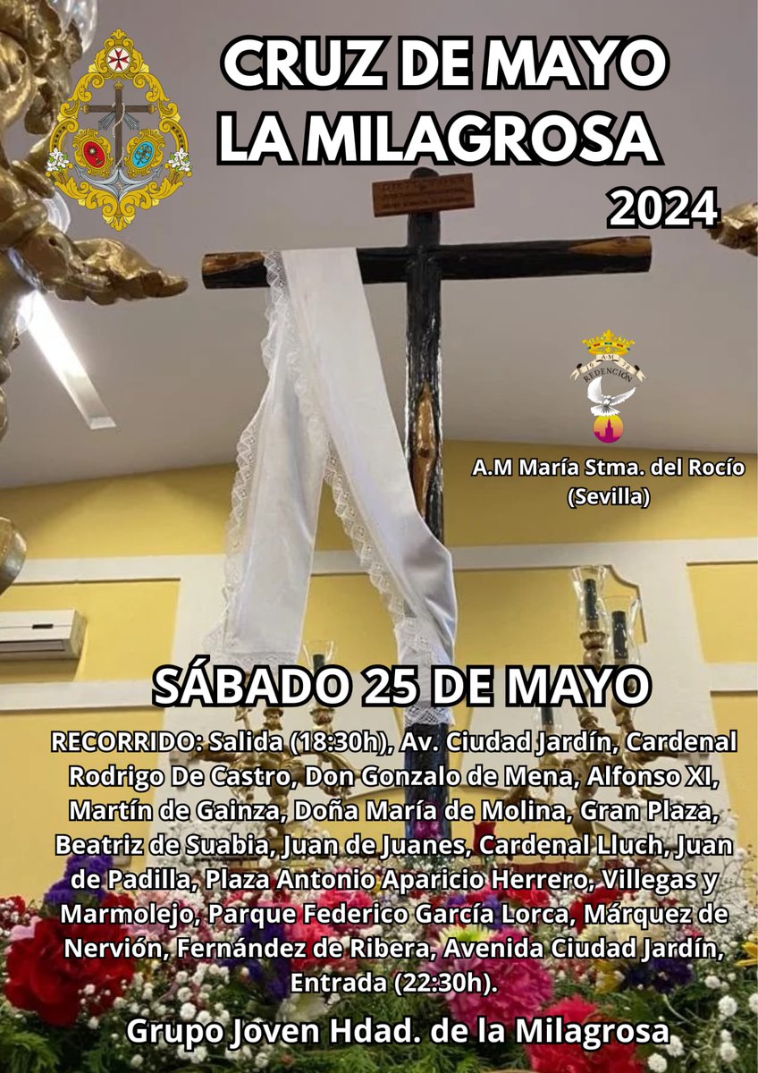 𝐒𝐀𝐋𝐈𝐃𝐀 𝐏𝐑𝐎𝐂𝐄𝐒𝐈𝐎𝐍𝐀𝐋 𝐂𝐑𝐔𝐙 𝐃𝐄 𝐌𝐀𝐘𝐎. 📆: 25 de Mayo. 💒: Parroquia de la Milagrosa. 🕒: 18:30h. 🎶: @amrociosevilla #CruzdeMayoMilagrosa24 #JuventudMilagrosa