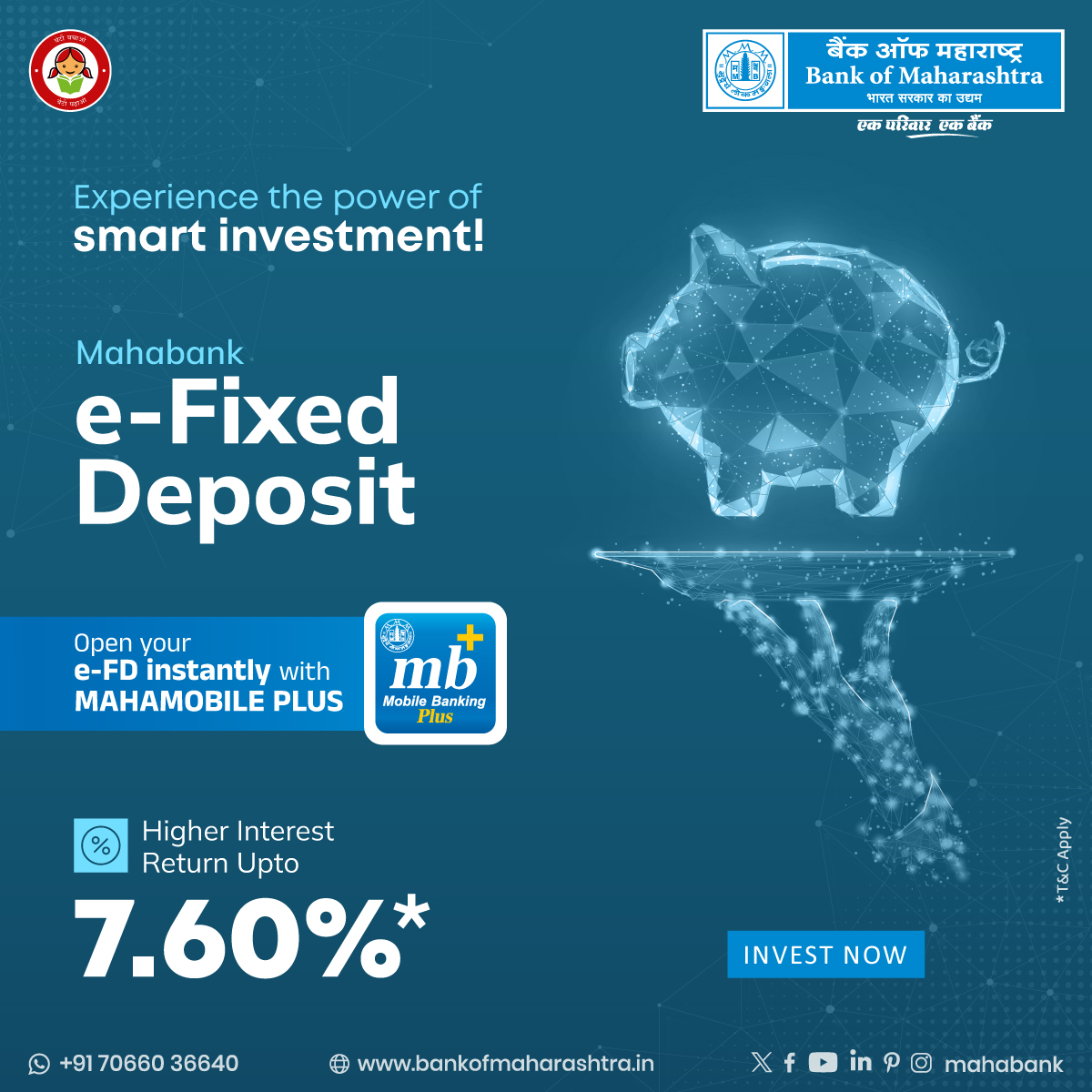 Boost your savings growth with #Mahabank e-Fixed Deposit! Seamlessly open your FD online in just a few clicks and enjoy higher interest returns. Begin your investment journey today with Mahamobile Plus!

Download the App bit.ly/41WsT4A

#Mahamobileplus