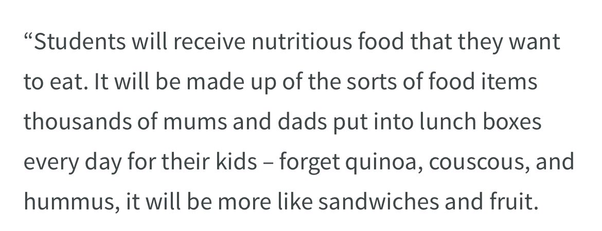 Y’all it’s wild that Seymour doesn’t seem to grasp nutrition Quinoa, couscous, and hummus are relatively low cost, high protein food items in contrast to meat Kids need protein to grow well and support brain development and focus 🧵