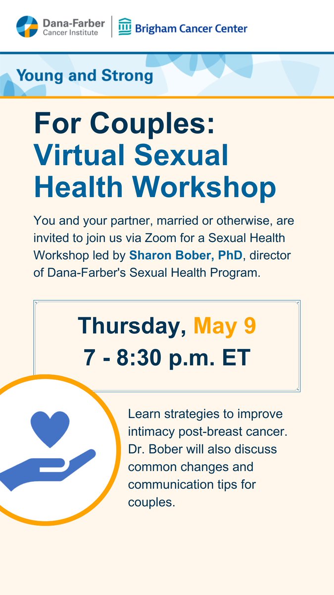 For Couples: Virtual Sexual Health Workshop 🗓️May 9 | 7-8:30 pm ET Dr. Bober (@DrSharonBober) will address common changes that may affect couples after a #breastcancer diagnosis and provide ways to improve communication. redcap.partners.org/redcap/surveys…
