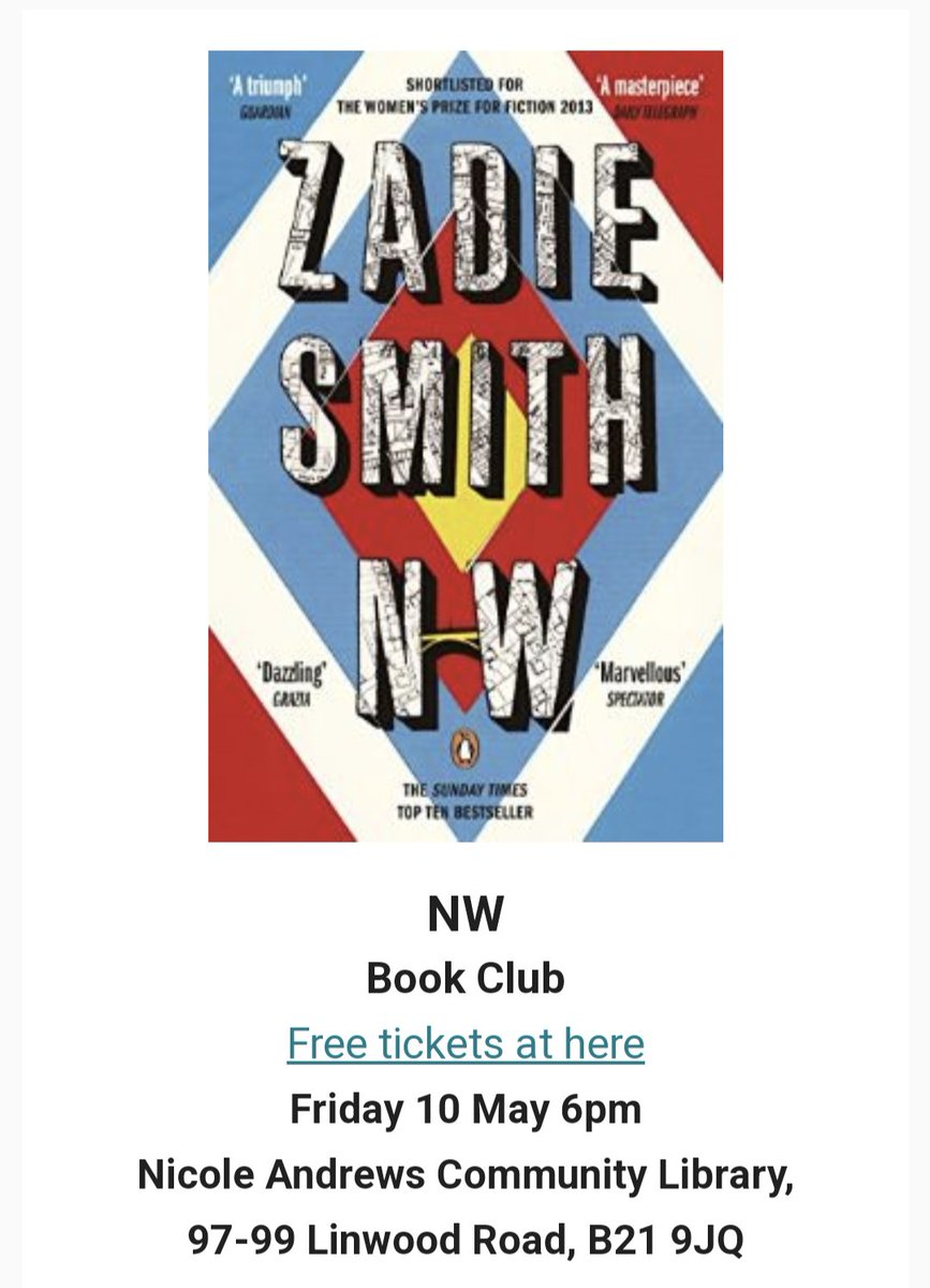 I swear we picked the book the weeks ago 😅 Join us Friday at 6pm @HarambeeOBU Neville Andrews Community Library to discuss NW by Zadie Smith...will definitely be an interesting conversation. Register for free at shoobs.com/events/95317/b…