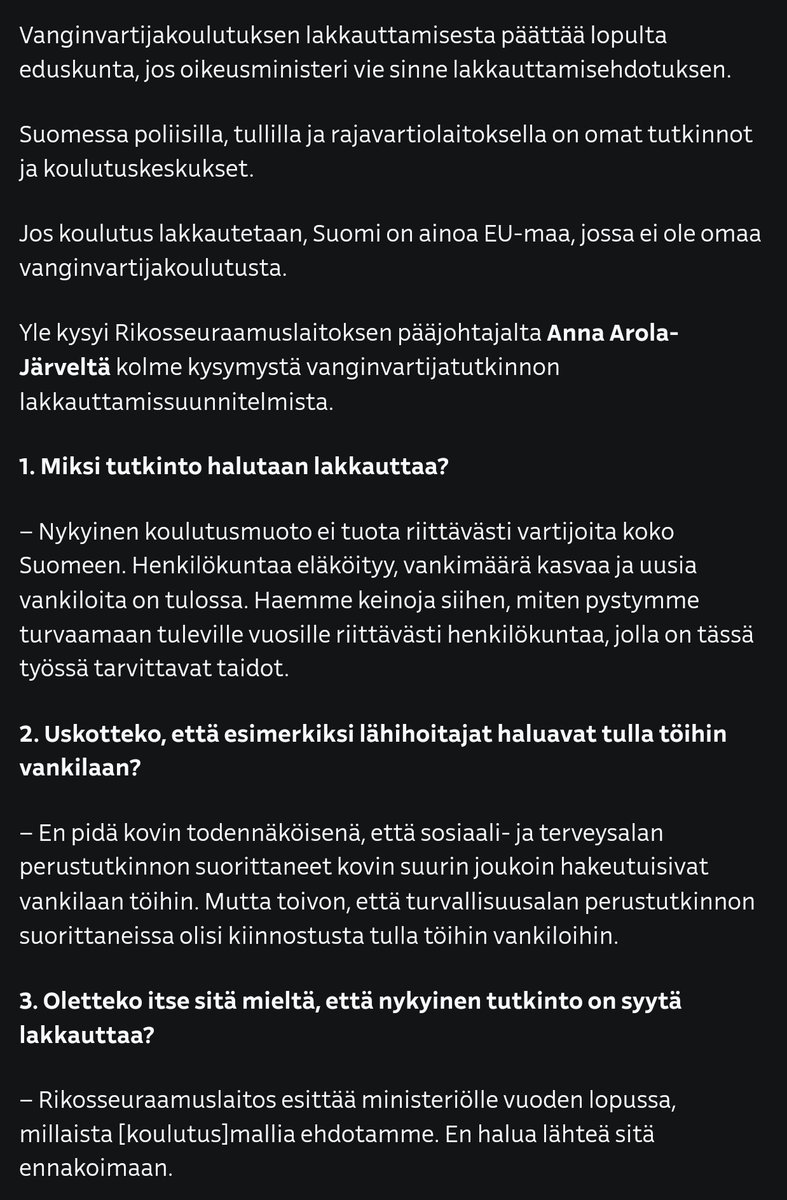kasvismafioso's tweet photo. 25.3.2024:
"Yle sai haltuunsa salassa valmistellun selvityksen – se paljastaa, että Suomesta halutaan lakkauttaa vanginvartijan koulutus"
--> https://t.co/fxIVVZLbcC
#YleAstudio #vankilat #vanginvartijat #LeenaMeri #perussuomalaiset https://t.co/fAWmuVTSvA
