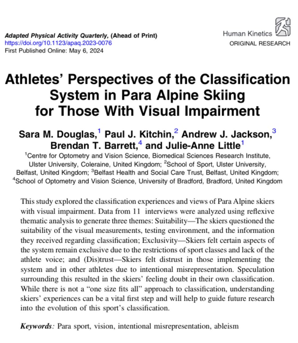 🚨 NEW PUBLICATION 🚨 Congratulations Dr Paul Kitchin & collaborators on their publication examining athletes’ perspectives of the classification system in para alpine skiing for those with visual impairment 👏👏⛷️⛷️ #ParaSport OPEN ACCESS 👉 journals.humankinetics.com/view/journals/…