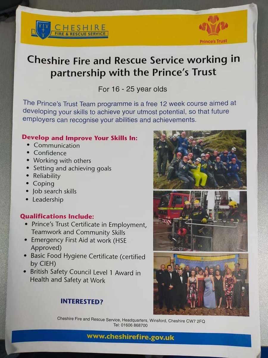 The Prince's Trust Programme are now recruiting for their next course. This is FREE to young people age 16-25. You will gain so many new life skills !!!! 12 week course starts on Tuesday 28th May at Northwich Fire Station. To sign up please contact Darren on 07977023848