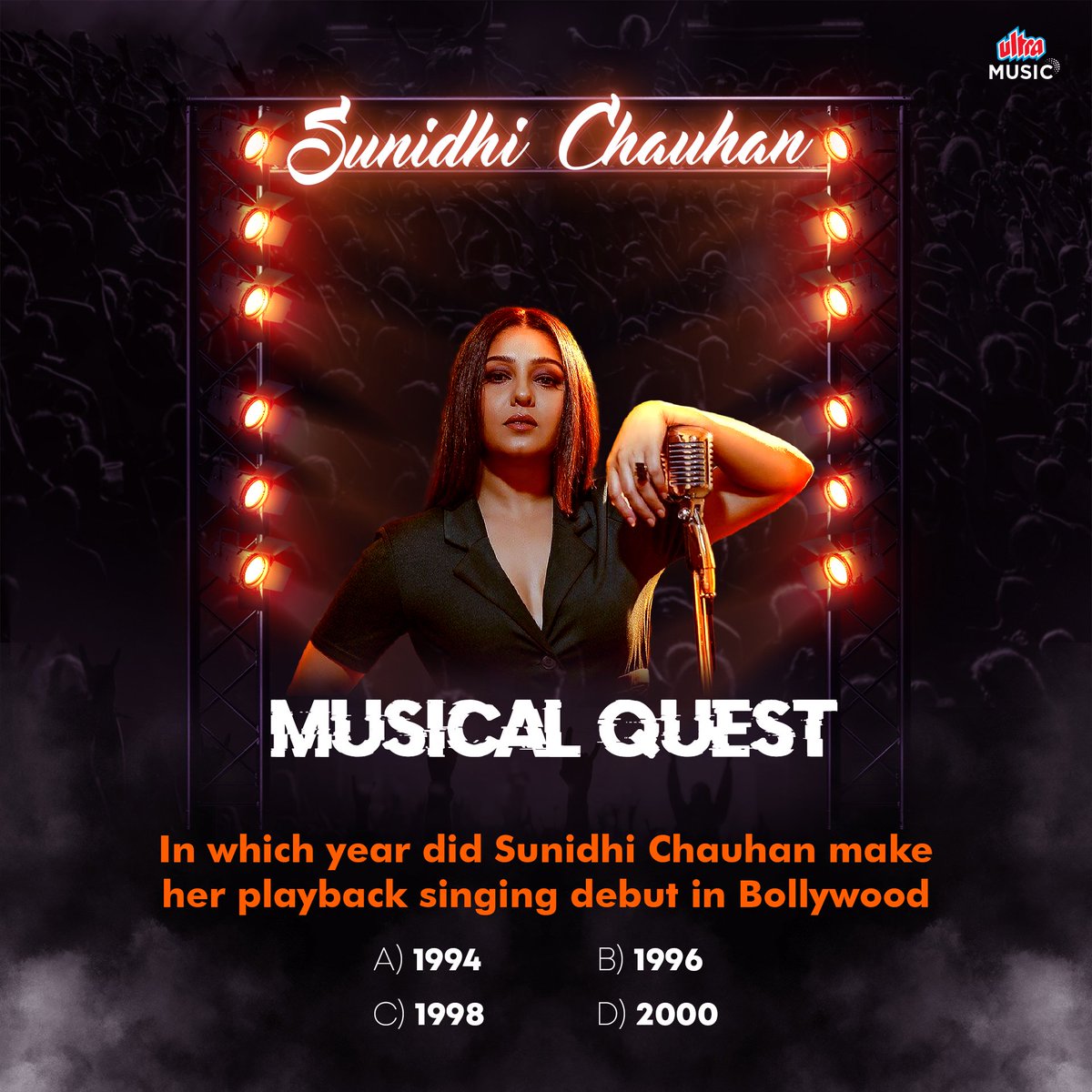 Calling all Bollywood enthusiasts! Can you guess the year of Sunidhi Chauhan's debut as a playback singer? Challenge your friends and family to a musical showdown!

#SunidhiChauhan #guessthesong #brainteaser #riddleoftheday #ultramusic