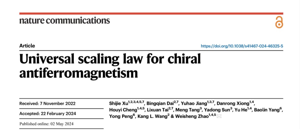 Nature Communications has published a paper titled “Universal scaling law for chiral antiferromagnetism” by Post-doctor Shijie Xu (Beihang University), Ph.D. student Bingqian Dai (UCLA), Ph.D. student Yuhao Jiang (Beihang University) and Ph.D. student Lixuan Tai (UCLA).