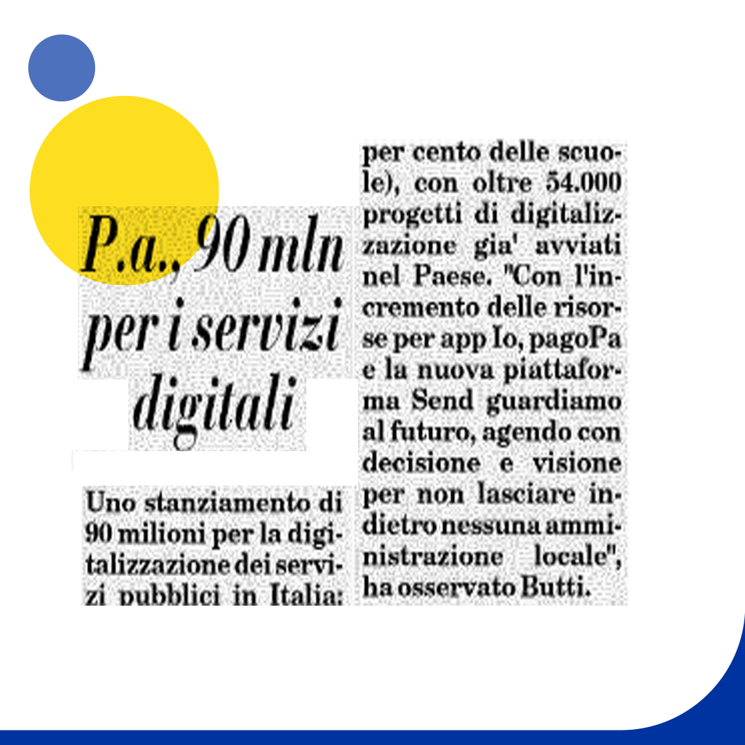 🇮🇹 Digitalizzazione in Italia

🗞️ 'PA 90mln per i servizi digitali' via @ItaliaOggi 

#innovazione #PAdigitale 
@lucarallo @PALOMBAGI @MissioneStartup @jacopopaoletti @liakadhija @ardovig @Nereide @fraasco85