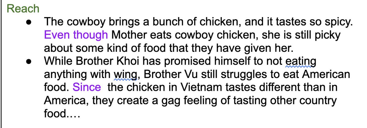 IT WORKED! - I taught Ss transition words to make their sentences complex - Now I'm using the same words to teach sentence-sentence transitions This photo is of the writing task to process the chapter. The second one is the unedited paragraph an ML produced.