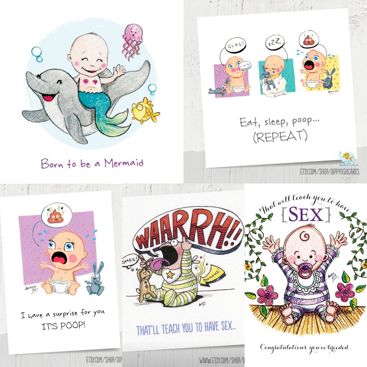 Need a card for a new baby? (maybe a new father this Father’s Day?) Here are a few of mine that cut through the normal pink and blue schmaltzy affairs! #mhhsbd #earlybiz #newbaby Dippyfishcards.etsy.com