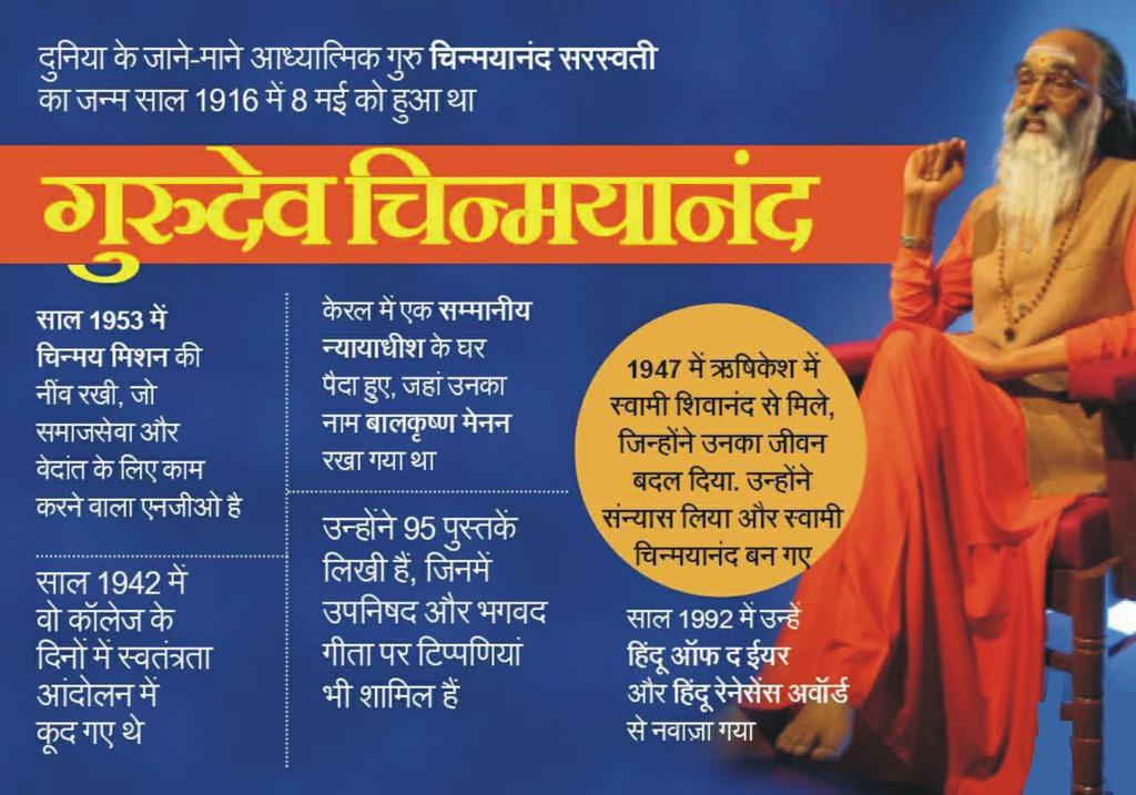 आध्यात्मिक गुरु #स्वामी_चिन्मयानन्द का जन्म 8 मई 1916 को हुआ था उन्होंने भारत में भ्रमण करते हुए देखा कि देश में धर्म संबंधी अनेक भ्रांतियां फैली हैं। उनका निवारण कर शुद्ध धर्म की स्थापना करने के लिए उन्होंने गीता ज्ञान यज्ञ प्रारम्भ किया #SwamiChinmayanandaSaraswati #vskmalwa